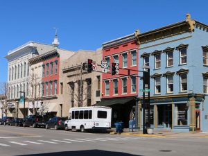 Multiple historic buildings in downtown Danville, featuring ornate fenestration.