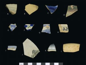 Twelve small ceramic shards recovered from the project.