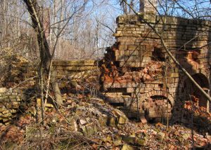 Ruins of historic brick structure within wooded area.