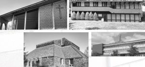 Collage of historic photos of modernist buildings.