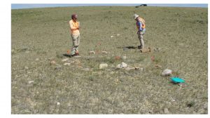 Two crewmembers observing a scatter of small rocks in an open field.