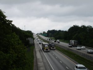 Overview of multi-lane highway from elevated perspective.