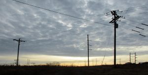 Powerlines silhouetted against evening clouds above open field.