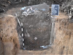 Overview of exposed privy, exhibiting dark brown soil with scattered, previously discarded items.