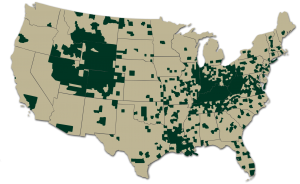 Map of USA showing counties in which CRA has completed projects.
