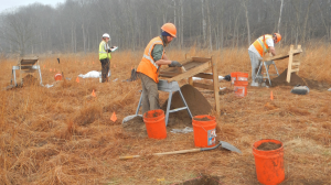 Crewmembers screening soils recovered from shovel tests.