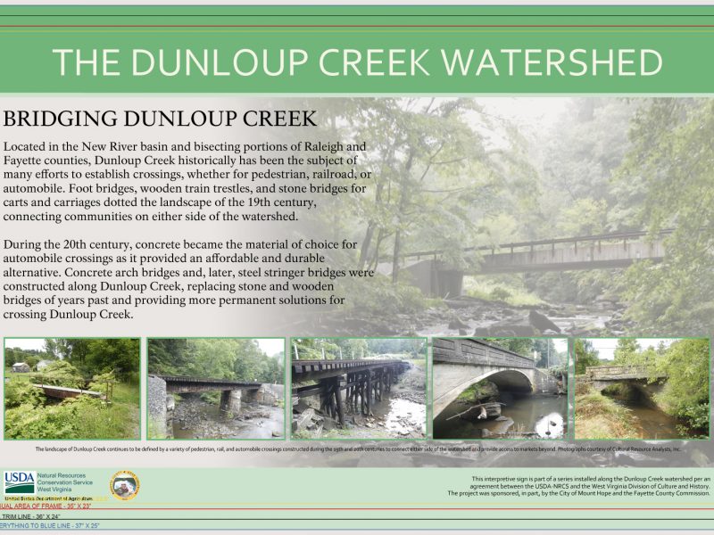 Infographic explaining the history of the bridge over the Dunlop Creek Watershed.
