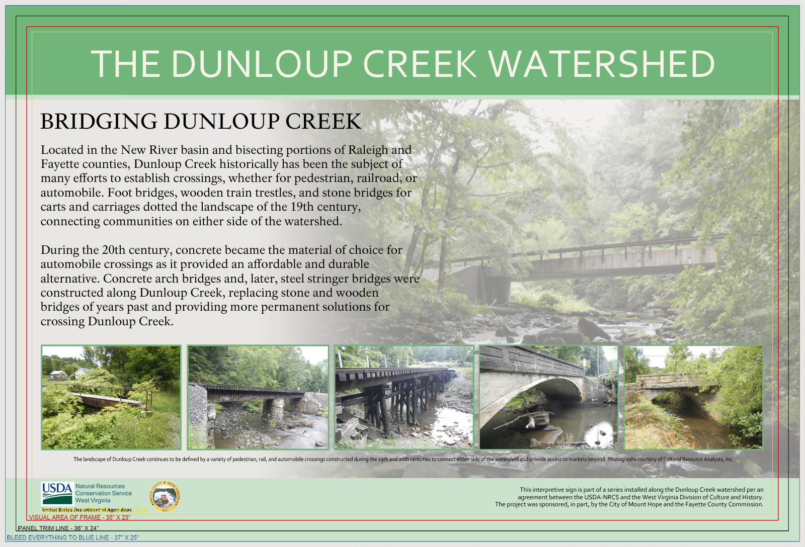 Infographic explaining the history of the bridge over the Dunlop Creek Watershed.