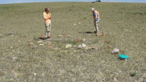 Crewmembers observing a scatter of small rocks in an open field.