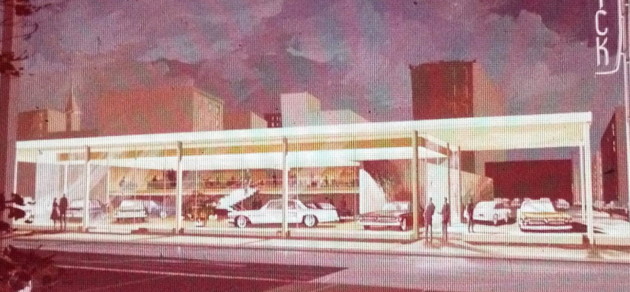 Historic illustration of futuristic, modern car shelter.